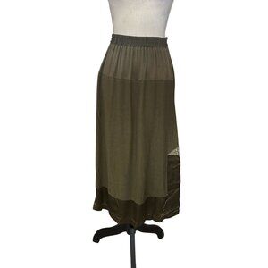 Yasuko Artwear Skirt Small Olive Green Kimono Silk Panel Midi USA Made